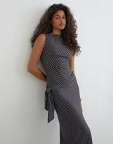 Mawa Maxi Dress in Brown with Compact Blue Polka Dots