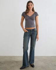 Obanai Short Sleeve V Neck Top in Charcoal Grey