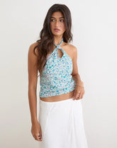 Giulia Knot Halterneck Top in Flower Power Blue