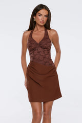 The Good Mood Lace Halter Mini Dress Brown