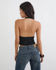 Cosio Halter Top in Sequin Knit Black