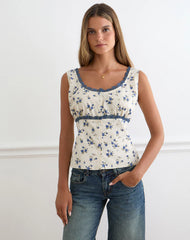Gronini Top in Ditsy Leaf Rose Navy