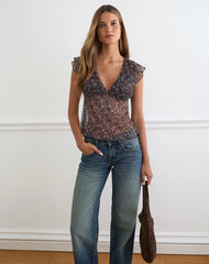 Pharita V Neck Top in Ditsy Floral Plisse Charcoal