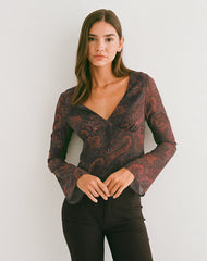 Karilo Long Sleeve Top in Chiffon Royal Paisley Burgundy
