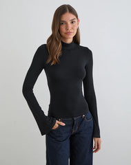Nell High Neck Long Sleeve Top in Rayon Jersey Black