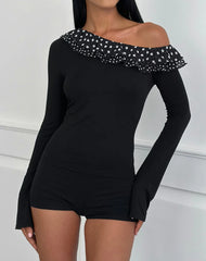 Sariya Long Sleeve Top in Cupro Black with Tiny Polka Ruffles
