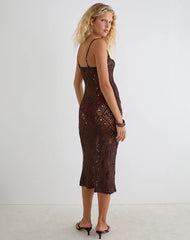 Yasiya Midi Dress in Open Crochet Knit Dark Chocolate