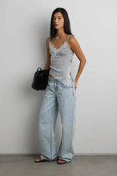 RIBBED ASYMMETRICAL LACE TRIM TANK TOP