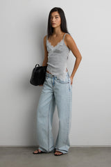 RIBBED ASYMMETRICAL LACE TRIM TANK TOP