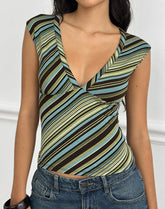 Emberly Plunge Top in Mixed Stripe Green
