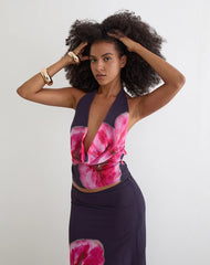 Bujau Plunge Cowl Neck Top in Purple Chiffon with Desert Flower