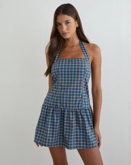 Panja Mini Halter Neck Dress in Medium Tartan Blue