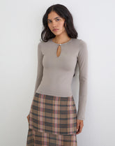 Jenji Long Sleeve Top with Pearl Button in Moon Rock