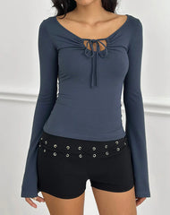 Armel Long Sleeve Keyhole Top in Rayon Jersey Ocean Storm