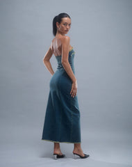 Atun Denim Bandeau Maxi Dress in Brown Blue Acid Wash