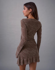 Sumiko Mini Dress in Abstract Polka Flock Brown