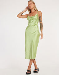 Palasha Midi Dress in Satin Lime Green