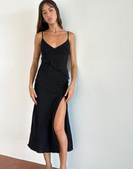Jacy Ruffle Midi Dress in Mesh Black