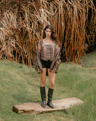 Meraki Blouse Top in Brown and Pink Blurry Check
