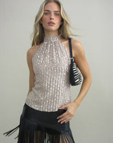 Beyi Halterneck Top in Chiffon Sequin Nude