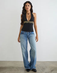 Orvio Halter Top in Black with Embroidered Sequin Trim