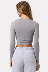 Ruched Long-Sleeve Crop Top in Grey