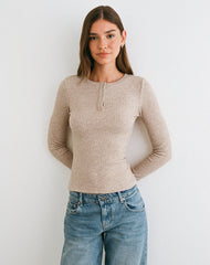 Zinta Long Sleeve Button Up Top in Rib Knit Oat
