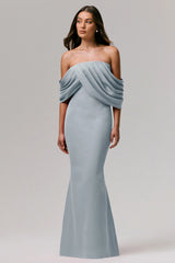 Serene | Powder Blue Draped Bardot Maxi Dress