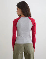 Balqis Long Sleeve Top in Grey Marl Adrenaline Red Combination