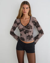 Jumah Top in Taupe Grey with Bold Floral Flock