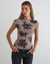 Nova Top in Taupe Grey with Bold Floral Flock