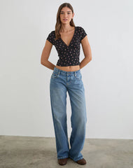 Asana Top in Black with Red Rose Ditsy Print