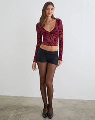 Yamuna Top in Flocked Botanical Flower Maroon