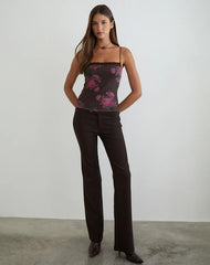 Anoda Cami Top in Brown with Pink Polka Dots and Roses Print