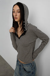 HOODED STRIPED TOP WITH SNAP FRONT DETAIL