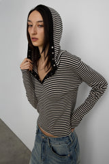 HOODED STRIPED TOP WITH SNAP FRONT DETAIL