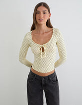 Kline Long Sleeve Tie Front Top in Rayon Jersey Micro Polka Cream