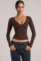 V-Neck Long-Sleeve Top in Chocolate Brown