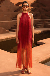 Alessia | Orange Ombre Fringe High-Neck Maxi Dress