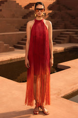 Alessia | Orange Ombre Fringe High-Neck Maxi Dress