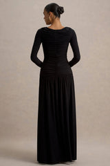 Aniyah | Black High-Neck Maxi Dress With Ruched Detailing