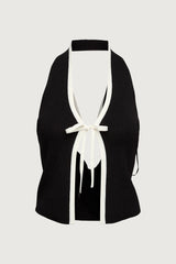KNIT HALTER TOP WITH CONTRAST BOW