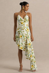 Glint | Lemon Floral Print Satin Plunge-Neck Maxi Dress With Asymmetric Hem