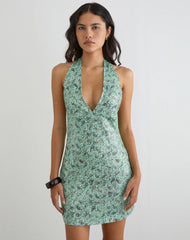 Hepasi Halter Mini Dress in Paisley Sequin Teal