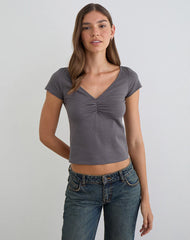Obanai Short Sleeve V Neck Top in Charcoal Grey