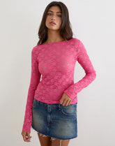 Amabon Long Sleeve Top in Lace Hot Pink