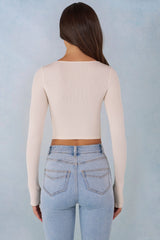 Ribbed Modal Long-Sleeve Laced Bra Top in Ivory