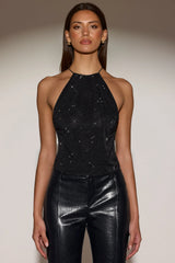 Embellished Jersey Halterneck Backless Top in Black
