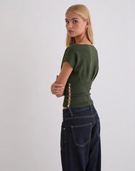 Elin Top in Knit Khaki with Pearl Buttons