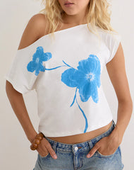 Balia Asymmetric Short Sleeve Top in Off White with Blue Flower Silhouette